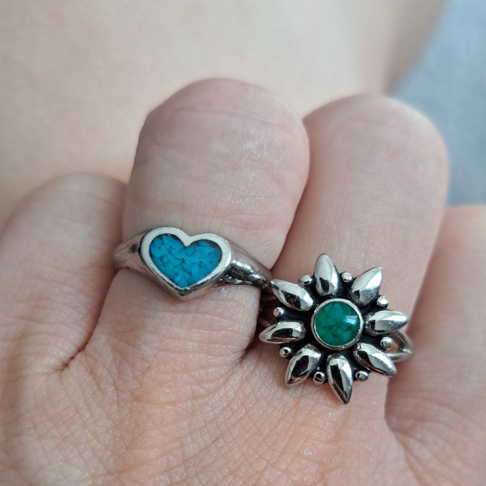 Silver Heart and Flower Ring Set with Blue and Green Accents